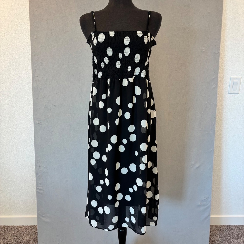 MSK Womens Black White Polka Dot Smocked Midi Dress Adjustable Straps Size 8